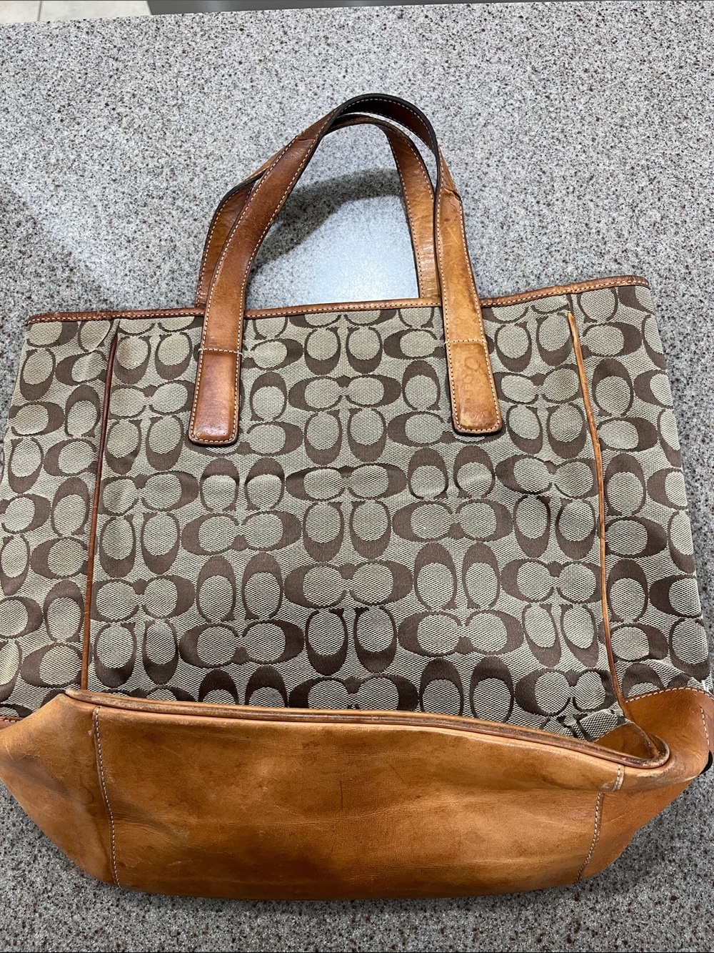 VTG Large Coach Brown Signature Canvas Tote with Tan Leather Trim -FLAWED